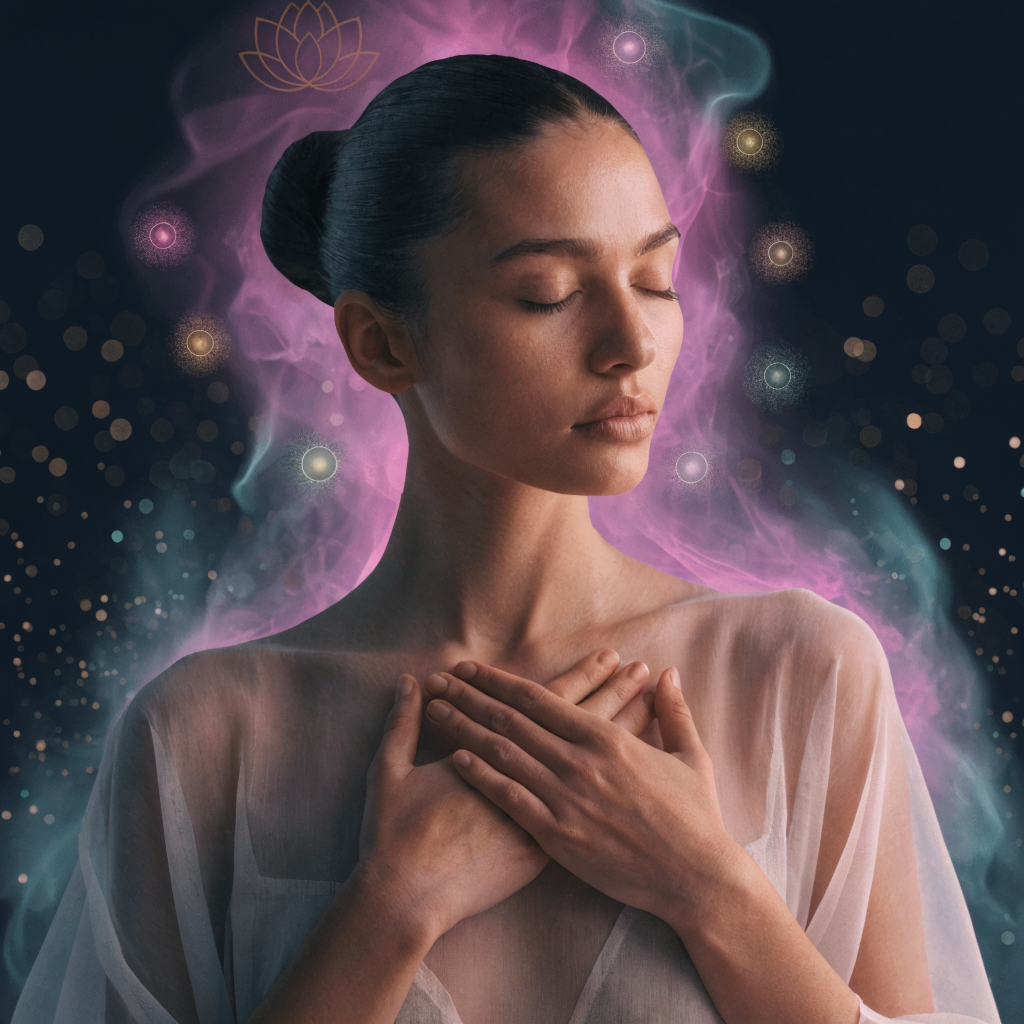 Mujer reconectando con su energía en Aura 69